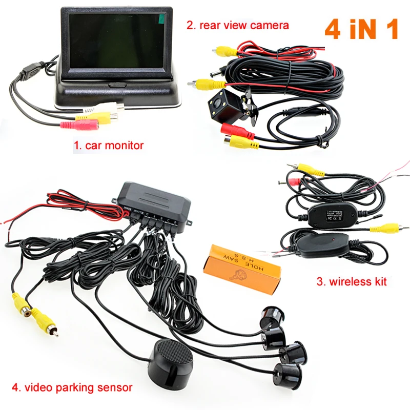 Sinairyu Car Wireless Parking Monitor Video System 4.3 Inch Car Foldable Monitor with Parking sensor and camera Wireless Kit