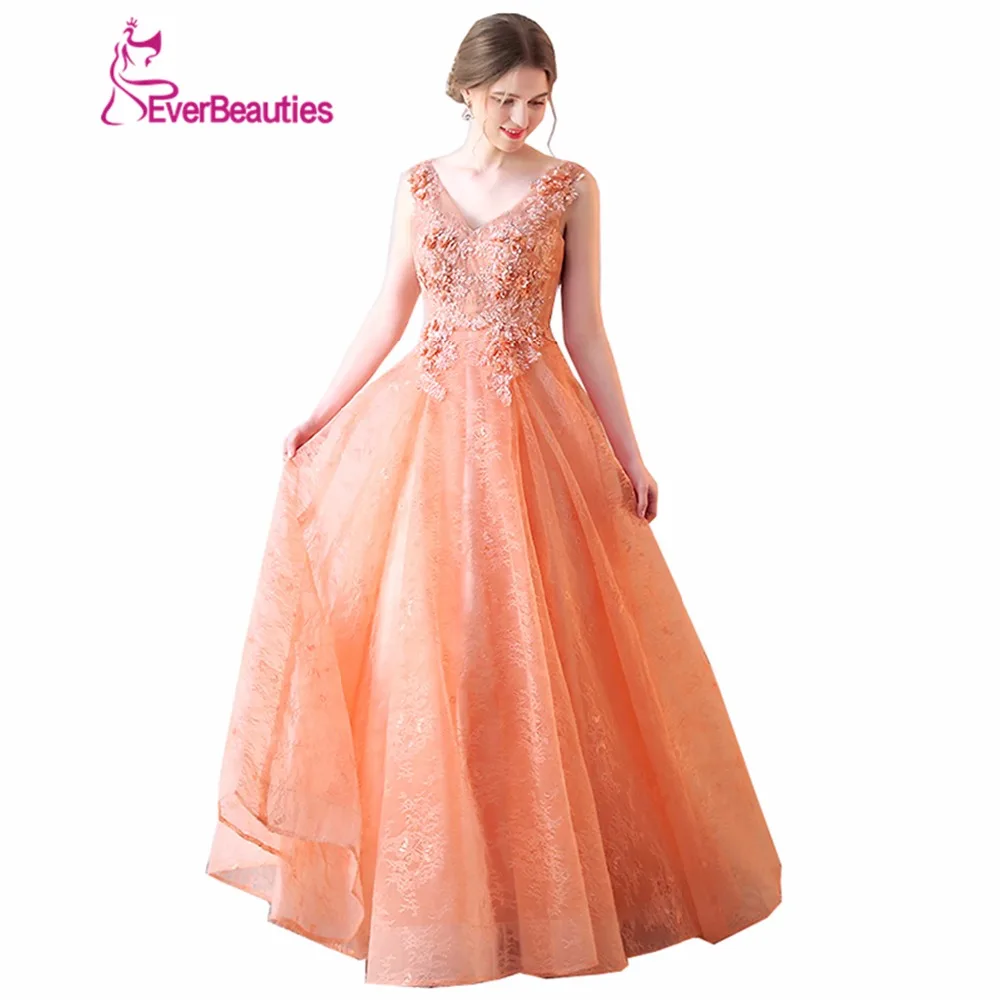 Evening Dress Long 2018 Sweet Light Orange V neck Lace Flower Appliques