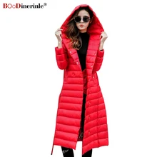 Женское ультра легкое белое пуховое пальто, зимняя длинная приталенная пуховая куртка для женщин размера плюс, теплая верхняя одежда с капюшоном, парка с поясом YR090