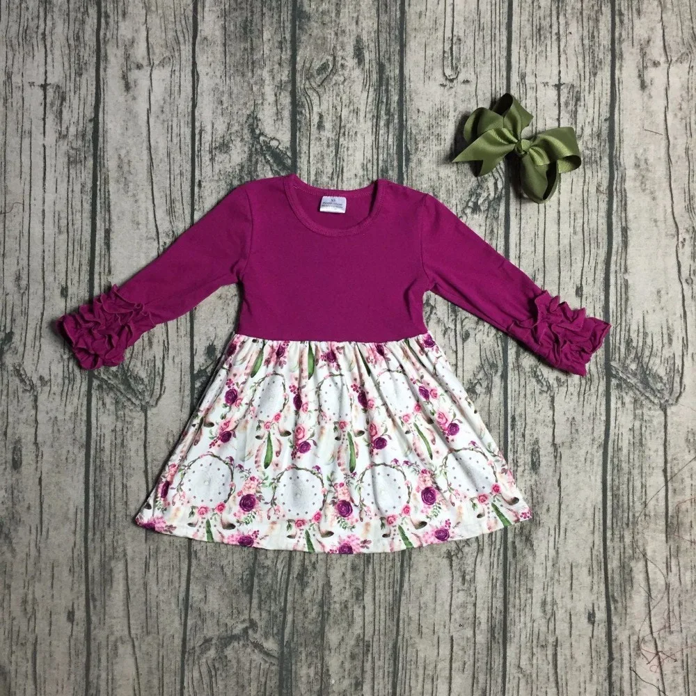 

baby girls Fall/ Autumn dress girls party dress children girls dream catcher dress wine red top dress with bows
