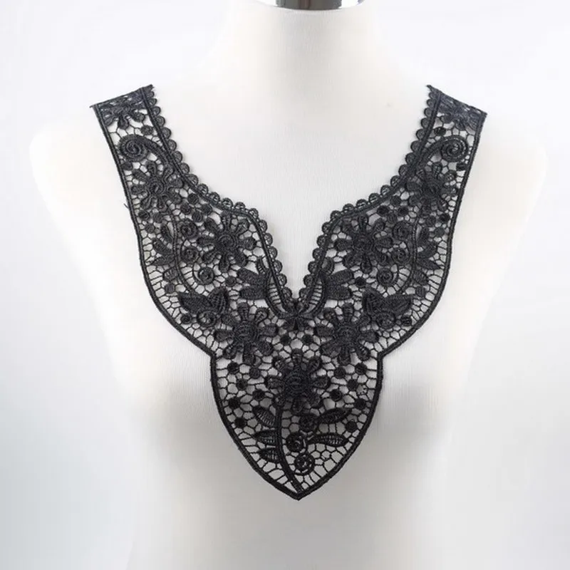 2 Pairs Black/&White Venise Guipure Lace Neck Applique for DIY Sewing Crafts