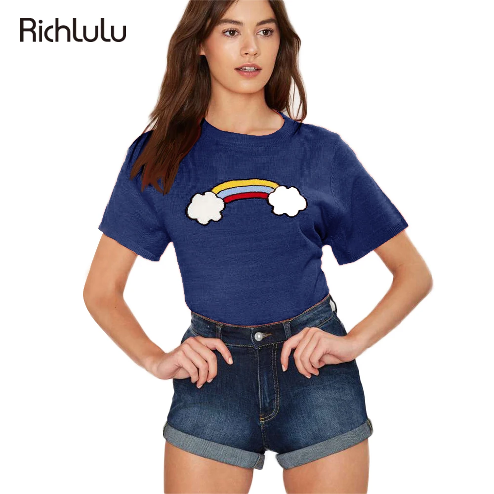 RichLuLu 2017 Solid Blue Rainbow Printed T-shirts Crew Neck Short Sleeve Women Top Tees Casual Ladies T-shirt | Женская одежда