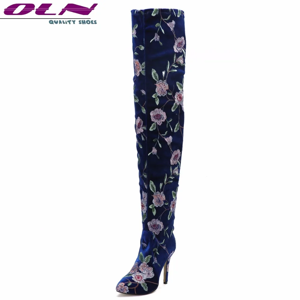 

OLN 2018 Embroider Sexy Women Thigh Super High Boots Flock Over the Knee Boots Plus Size Plus size 3-16 Handmade Quality Shoes