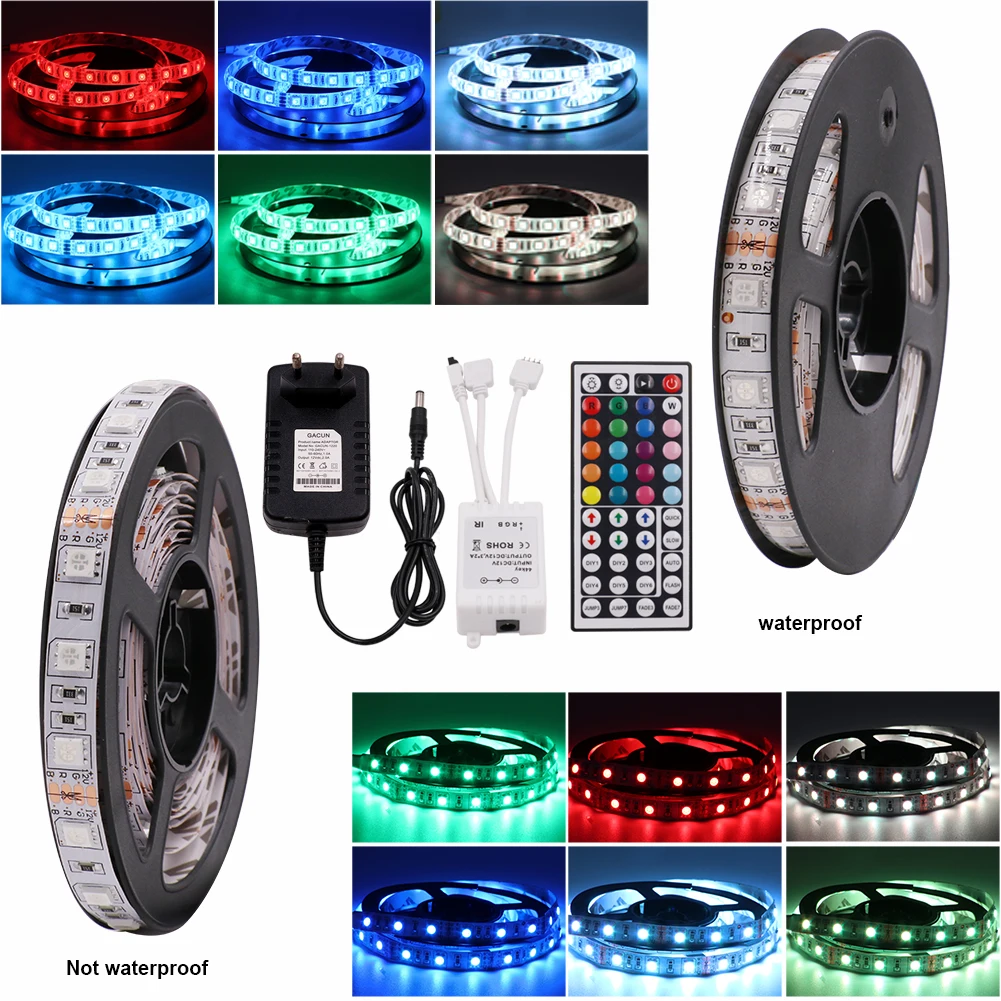 1 м/2 м/5 м Высокое качество 5050 RGB Светодиодная лента DC12V 60 Светодиодный s/m Светодиодный светильник водонепроницаемый с ЕС/Великобритания/США мощность+ 44Key контроллер