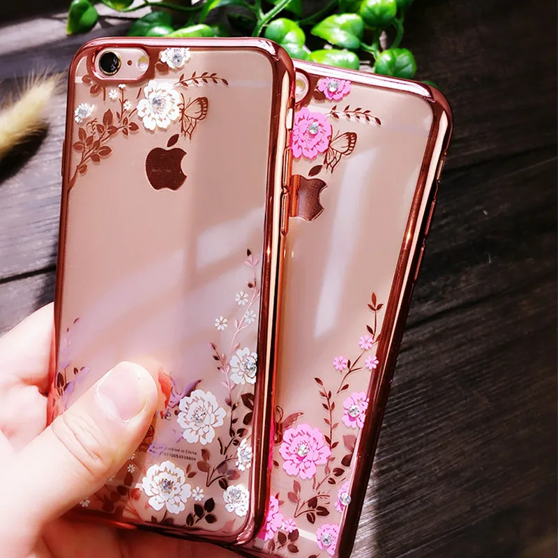 Capinha Para Chic Flower Flora Bling Diamond Rhinestone Clear Soft TPU Case For iPhone XS MAX XR X 6S 5S SE 8 6 7 Plus |