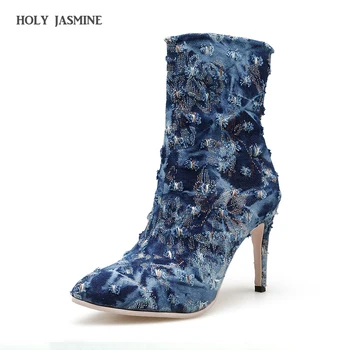 

2018 New Brand Design Women Boots Denim Pointed Toe High Heel Boots Autumn Cutout Ankle Boots Female Shoes 2017 Blue Size 35-43