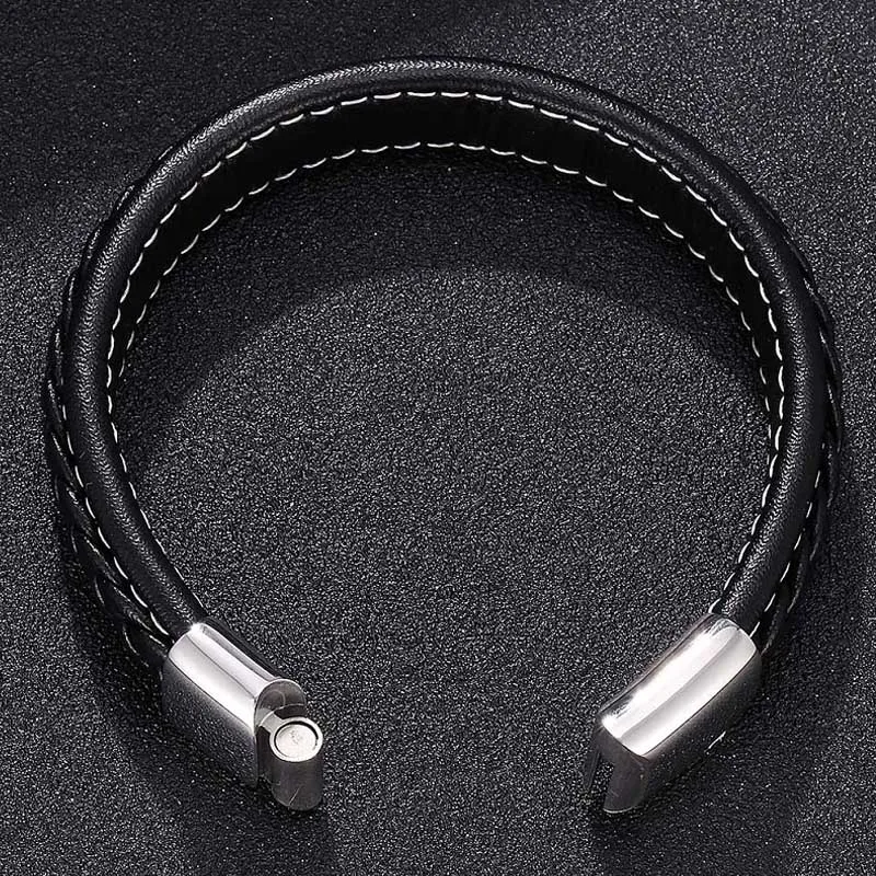 Браслеты с подвесками для мужчин, черный кожаный браслет, 3 цвета, нержавеющая сталь, магнитные застежки, индивидуальный мужской браслет на запястье, подарки ST728