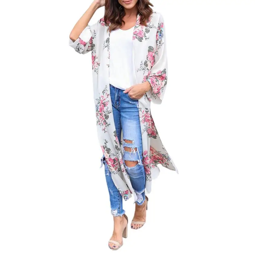 

FEITONG 2019 Fashion Kimono Cardigan Print Floral Sexy Beachwear Women Blouses Chiffon Elegant Blusa Manga Comprida Camiseta