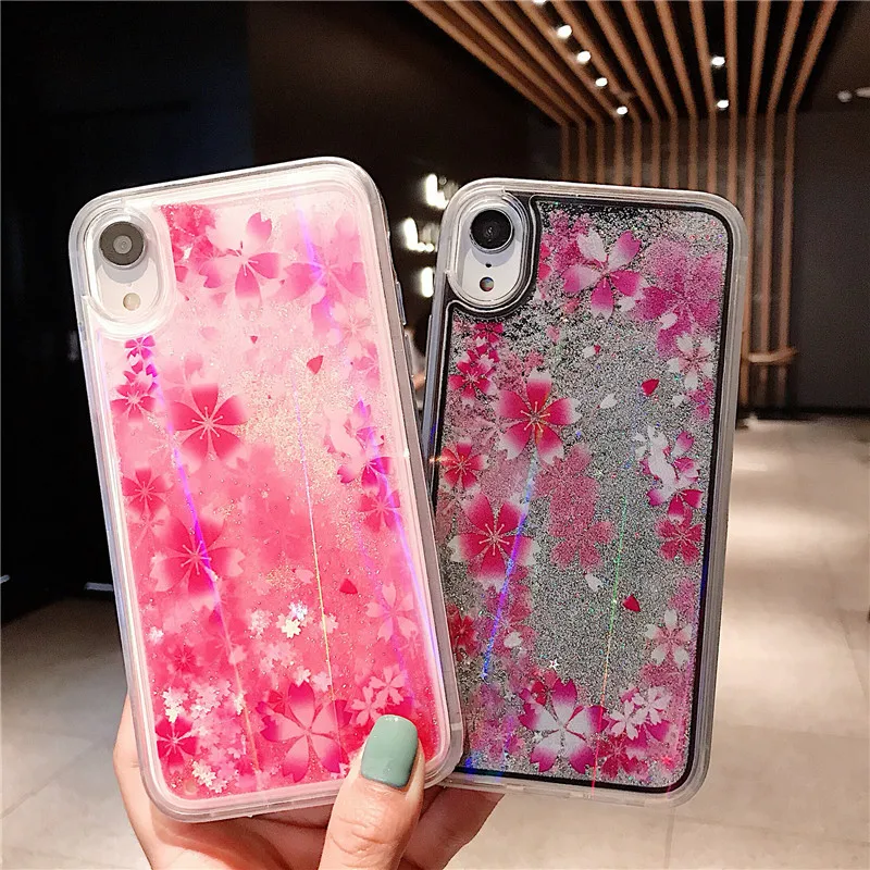 Shiny Quicksand Glitter Pink Flower Phone Cases For iPhone 8 7 6 6s Plus Hard PC Back Cover Floral Case X XS MAX XR |