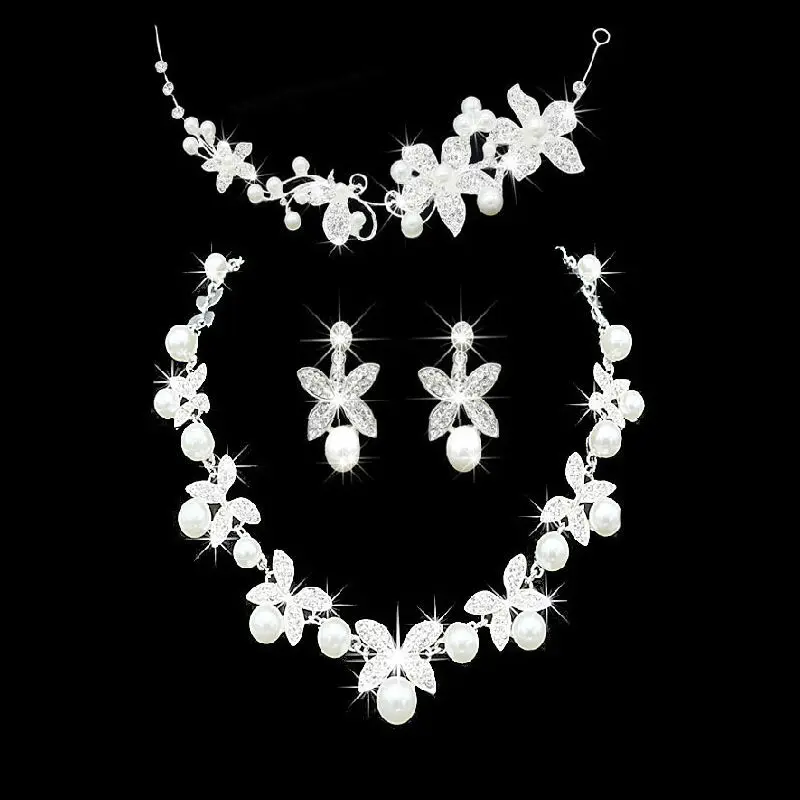 

Pearl Jewelry Fower Headdress Bride Upscale Bridal Pearl Jewelry Bride Three-Piece Suit Jewelry Sets Bridal Jewellery
