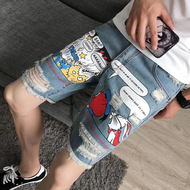 

Five-point jeans men's hole denim shorts cartoon print retro new men's clothingdenim black jeans