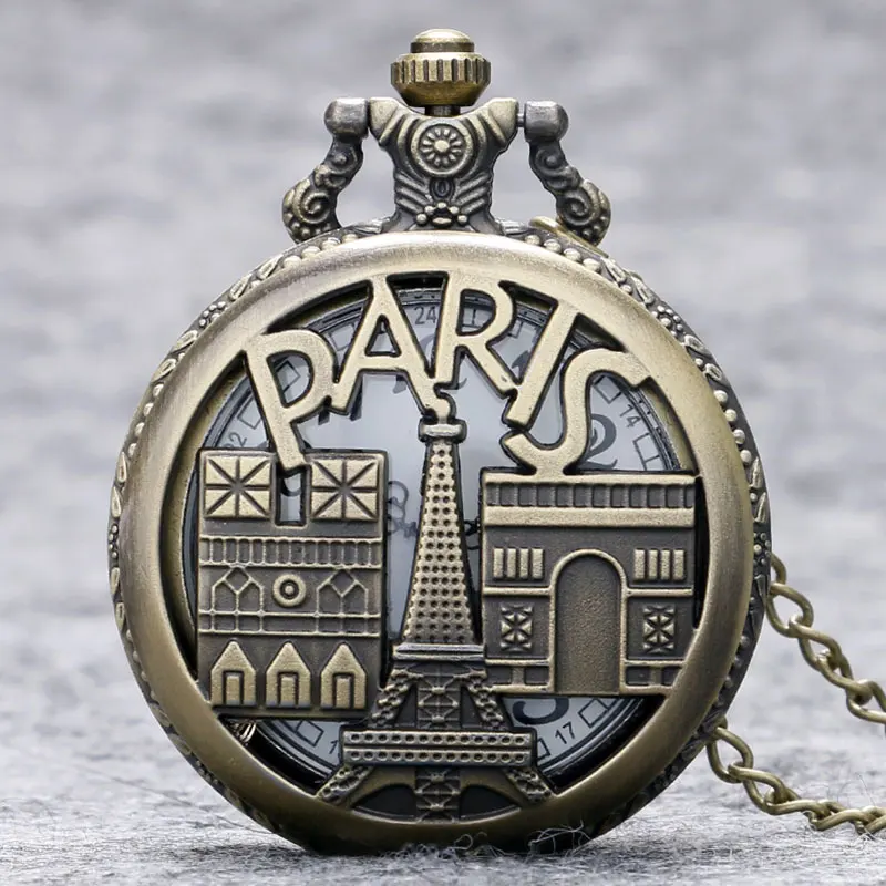 

Eiffel Tower Pocket Watch France Paris Famous Building Triumphal Arch Notre Dame White Arabic Number Pocket Watch Chain Gift Bag