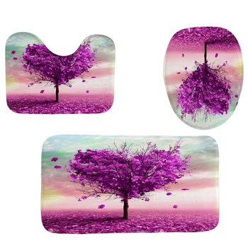 

4Pcs Home Bathroom Decor Set Bathroom Heart Shaped Tree Pattern Toilet Seat Cover Bath Mat Set+ Waterproof Shower Curtain