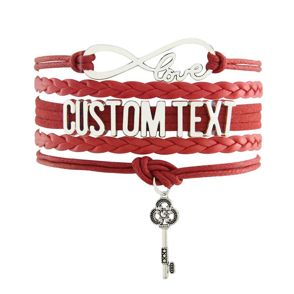 

Drop Shipping Infinity Bracelet Custom Text Color Leather Cord Wrap Bangle Key Charm Christmas Gift