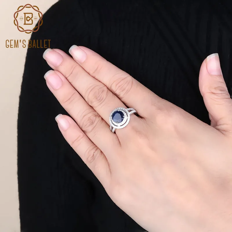 Gem's Ballet 2.57Ct Натуральный Синий сапфир Круглый драгоценный камень кольцо 925 пробы серебряные классические кольца для женщин подарок для жены хорошее ювелирное изделие