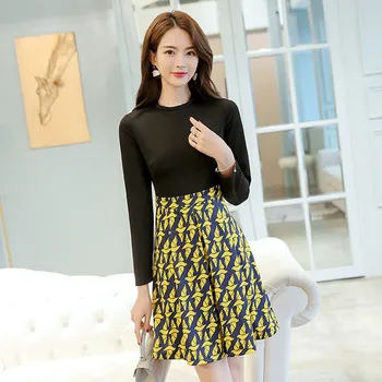 

Spring New Korean Long Sleeve Stitching Printed Patchwork Round Neck Slim OL Dress Pullover