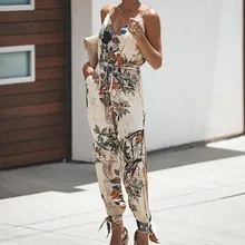 Summer Women Casual Sleeveless V-Neck Jumpsuits Fashion Ladies Boho Floral Bodysuit Wide Leg Loose Long Pants Trousers