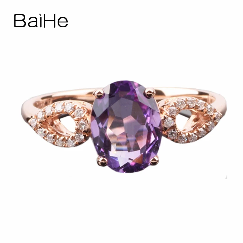 BAIHE элегантное женское кольцо с натуральными бриллиантами аметистом 10 к розовое