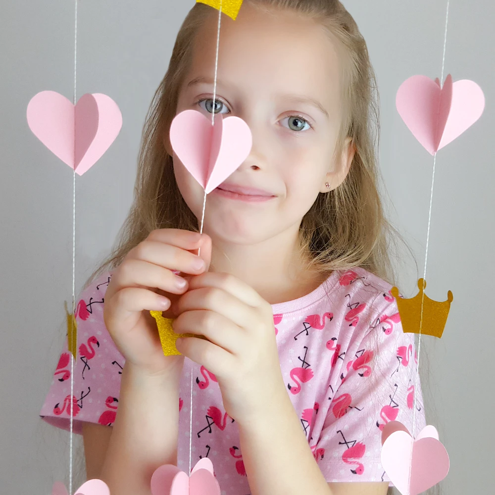 

2M Pink Garland Heart & Crown Paper String Banners Birthday Decoration Girl Bunting First Birthday Girl Princess Party Hanging