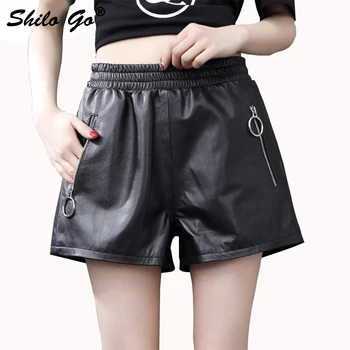

Leather Shorts Womens Summer Fashion sheepskin genuine leather Shorts stretch high waist concise Casual shorts black