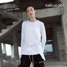 Cakucool Для женщин Сплошной черный, Белый Цвет Футболка Топы корректирующие с круглым вырезом Длинные рукава Футболки для девочек Асимметричный чистый Cutton одноцветное Для женщин футболки