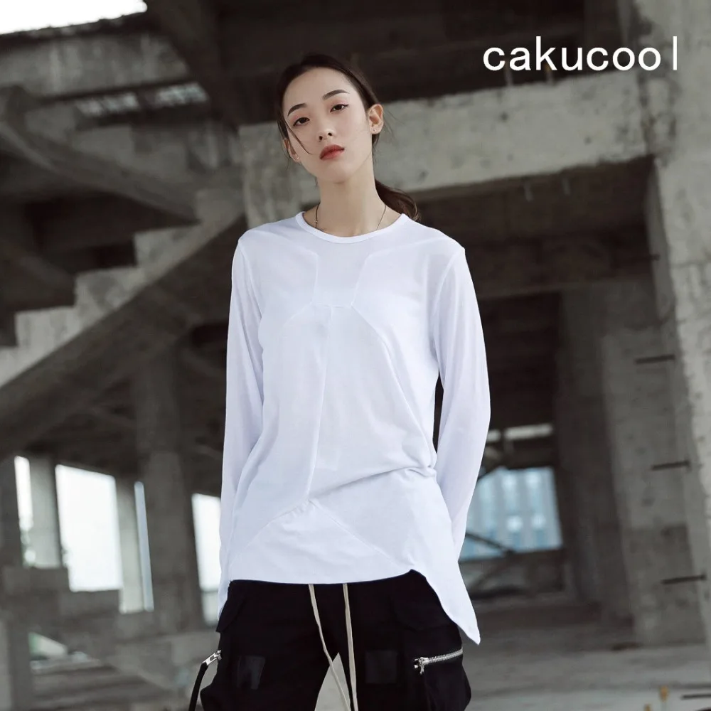 Женская Асимметричная футболка Cakucool однотонная черно-белая с круглым вырезом и