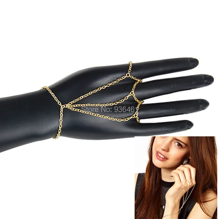 

Multi Bracelet Bangle Slave Chain Link Three Fingers Hand Harness Golden Tone