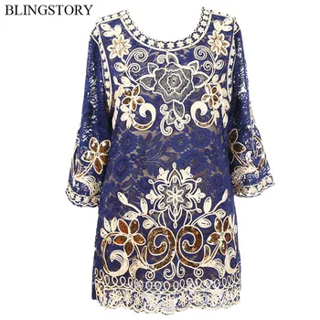

BLINGSTORY Brand Tshirts Big Size Woman Luxurious Embroidery Flower Sequin Summer T-shirts for Women