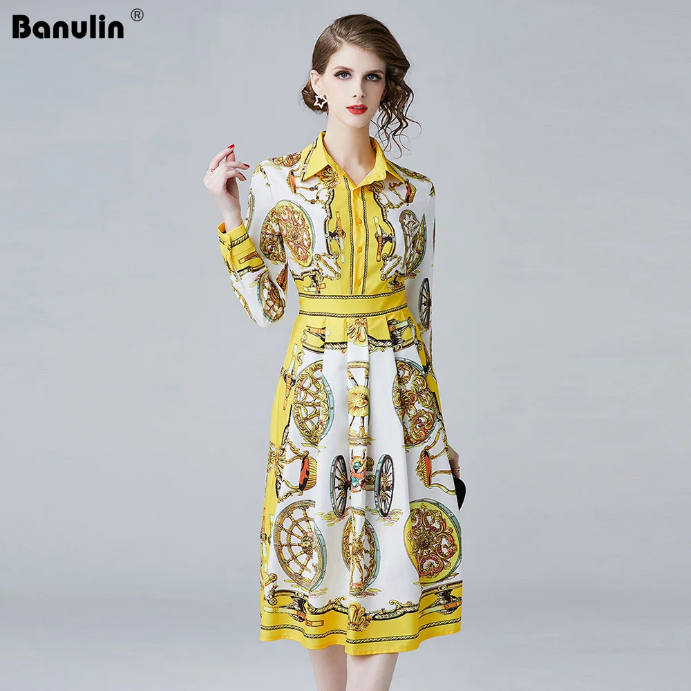 

Banulin Spring Fashion Wheel Print Long Dresses Long Sleeve Slim Vintage Yellow/White Mid-Calf Arabic Runway Vintage Dress X5406