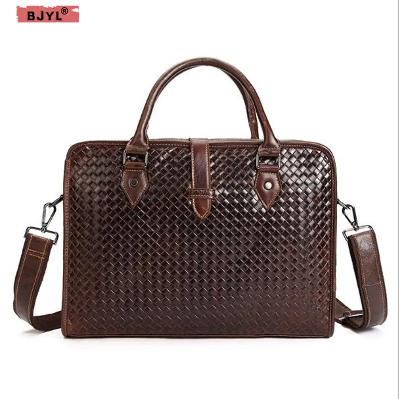 

BJYL Embossed woven pattern men's handbag cross section leather men shoulder Bags business briefcase file package Messenger Bag