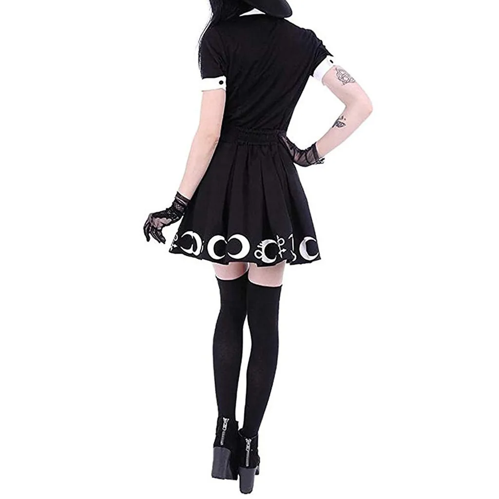 Jaycosin Skirt Ladies Black Moon Print Punk Gothic Pleated Skirt Pencil Short Mini Skirt Ladies Simple Solid Daily Skirt June 14
