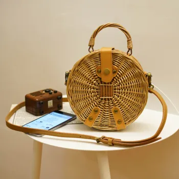 

New Round Straw Bag INS Handbags Women circular Summer Rattan Bag Handmade Woven Beach Handbag For Women Bag