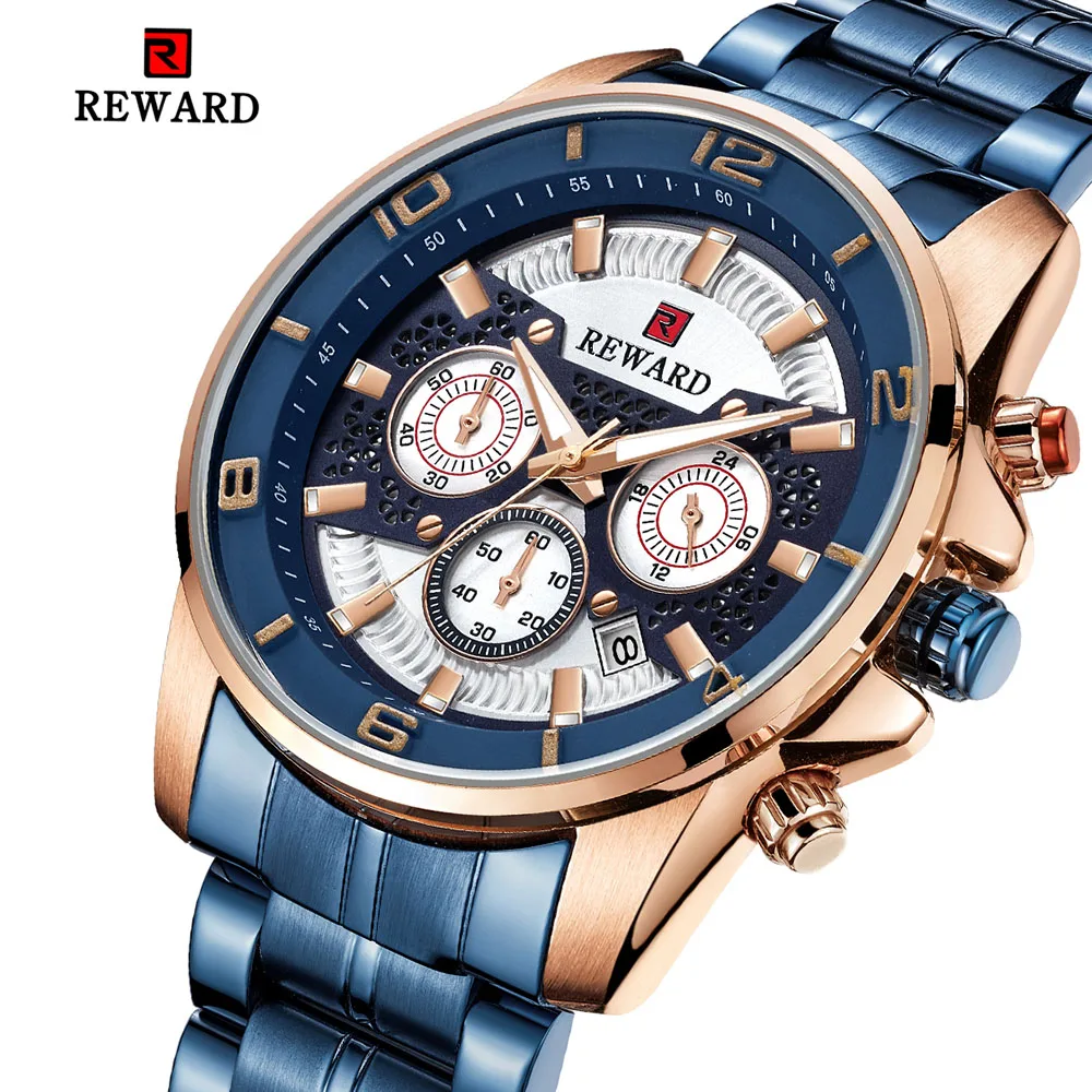 

Relogio Masculino Blue Rose Gold Wristwatch Mens Full Steel Chronograph Business Clock Man Date Dress Hours Waterproof Timepiece