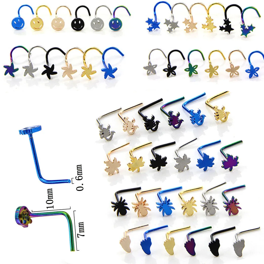 

6Pcs/Set Colorful Flower Maple Leaf Foot Spider Shape Surgical Steel Nose Bone Nostril Earring Piercings Body Jewelry Piercings