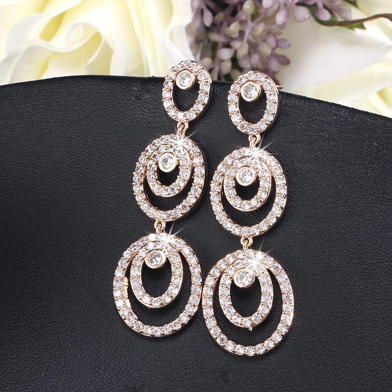 

UILZ Gothic Rose Gold Drop Earrings Round & Hollow Shaped CZ Bride Jewelry For Dress Wedding UE2098