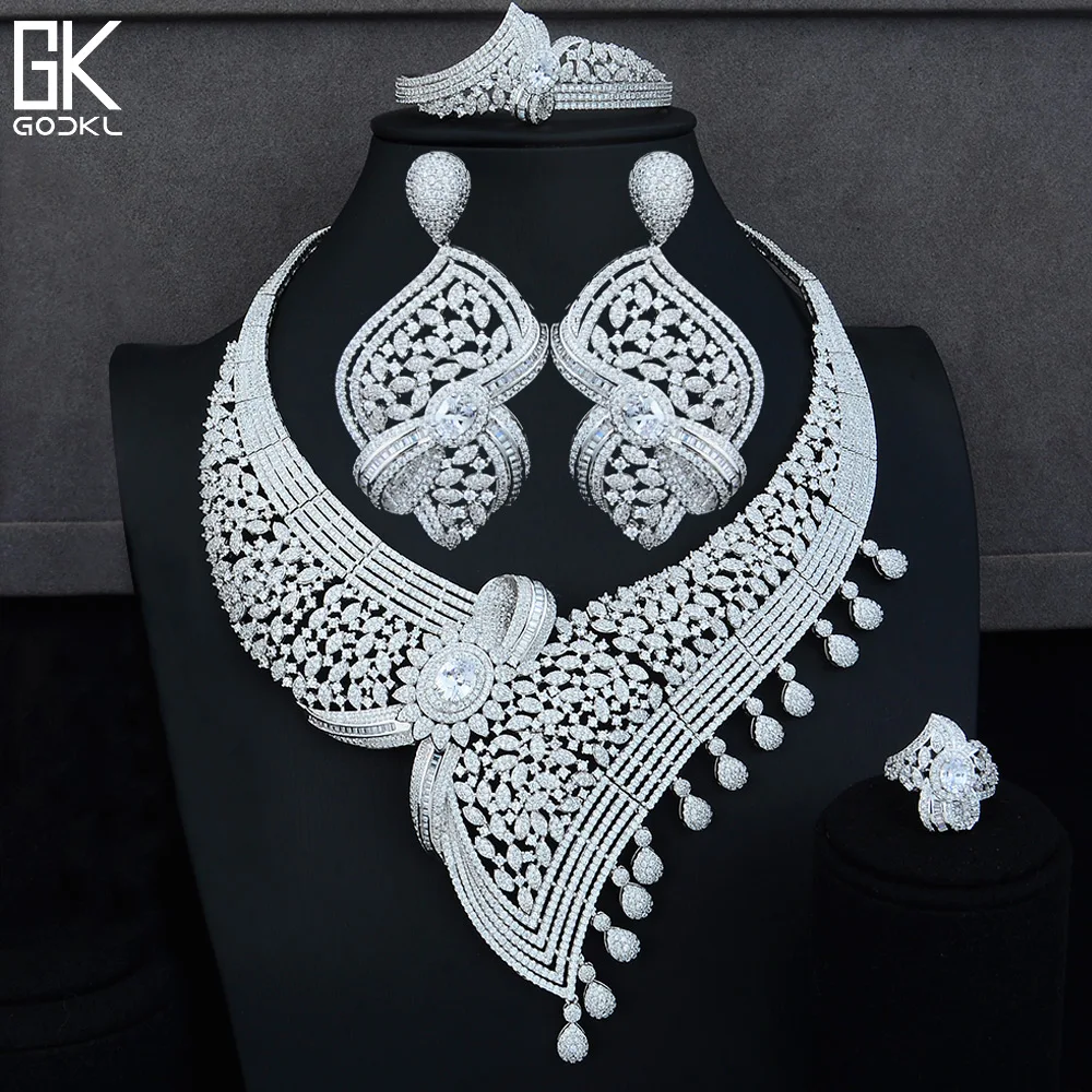 GODKI Trendy Luxury Geometric 4PC African Jewelry Sets For Women Wedding Cubic Zircon Crystal CZ Indian Dubai Bridal Jewelry Set