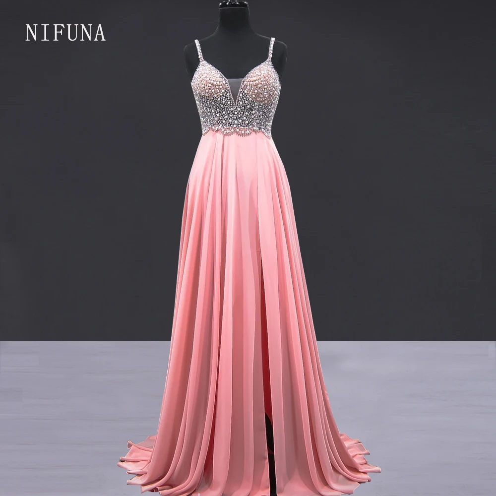 

vestido de noche Sexy V-neck Backless Prom Dresses Gorgeous Pearls Beaded Nude Chiffon Evening Dress 2018 Robe longue soiree