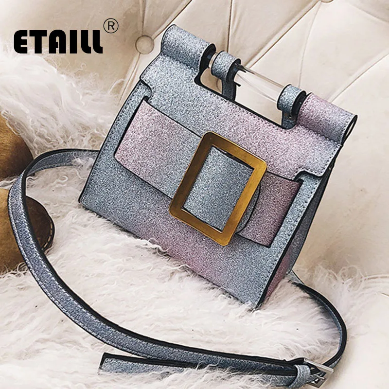 

ETAILL Big Square Buckle Female Tote Single Shoulder Bag Paillette Women Bag Luxury Brand Designer Handbag Young Girl Bucket Bag