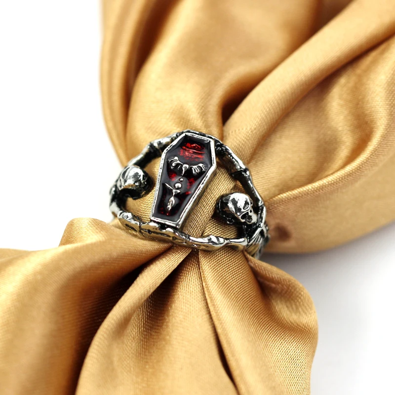 Mens Boys Gothic Vampire Skeleton Skull Bloody Red Enamel Coffin Stainless Steel Ring Biker Jewelry US size 7-12 Halloween gift