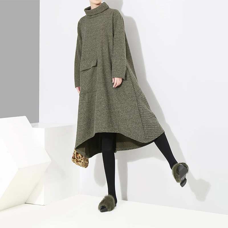 Hongsonghan 2018 Winter new retro women's pullover Korean style large size A-line loose waist high collar knitted dress tide