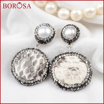 

BOROSA 5 Pairs Druzy Round Natural Freshwater Pearl & Gray Snake Skin Wraped Stud Earrings Paved Zircon JA359