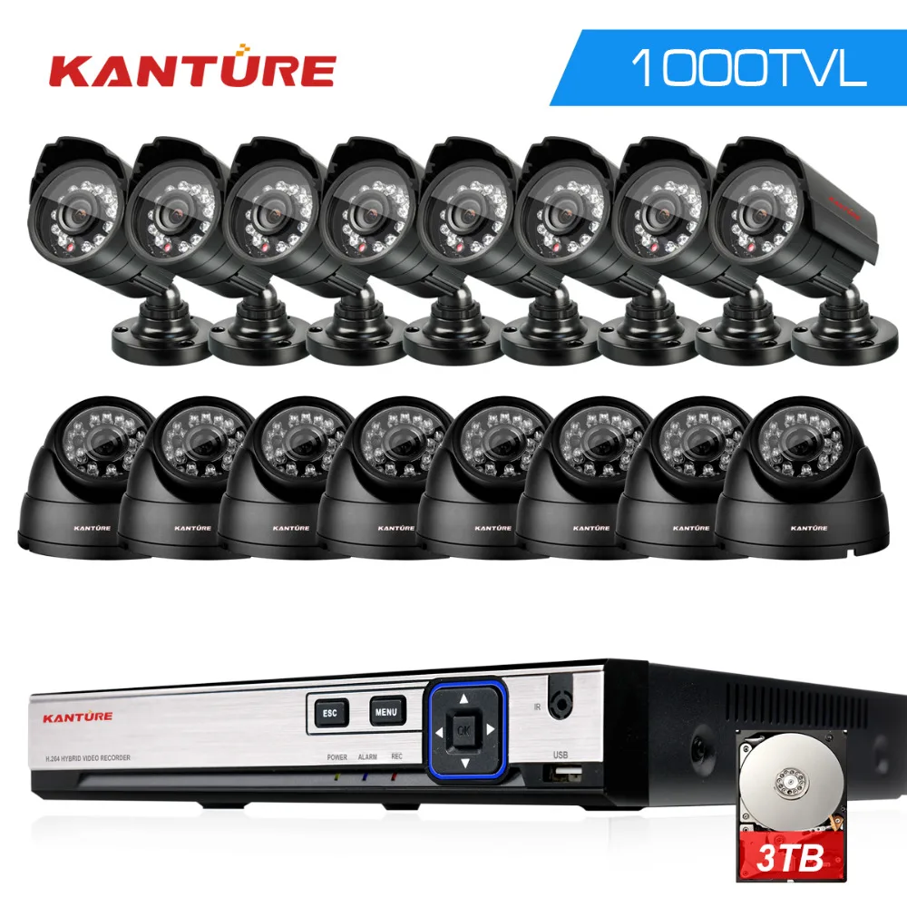 

KANTURE 16CH HDMI 1080P DVR AHD CCTV 16pcs 1000TVL in/Outdoor IP66 IR CUT Home Security Camera System 16Channel Surveillance Kit