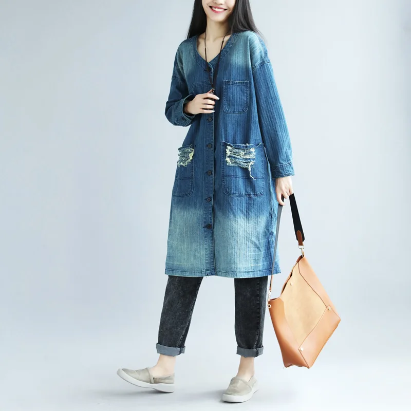 

Original design big yards Windbreaker outerwear Women loose V-neck denim Trench coat Printing washed long Jeans Overcoat YT4114