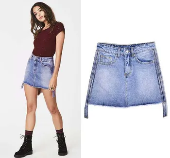 

Women High Waist Denim Skirt Both Sides Stitching Webbing Jeans Skirt Raw Edge Skirts Womens New Slim Fashion Mini Skirt D152