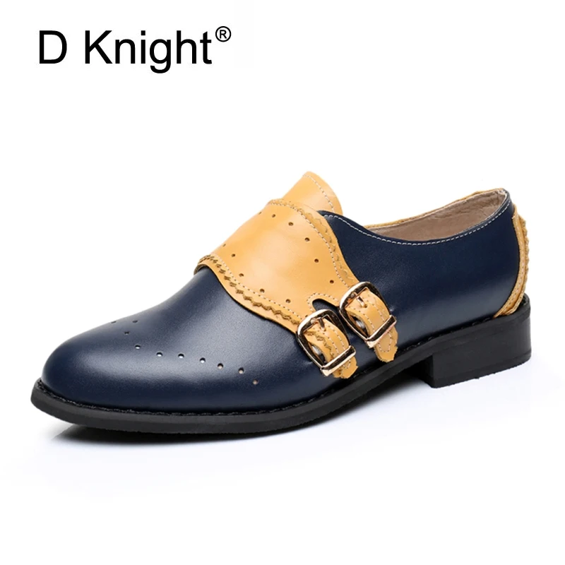 Genuine Leather Women Oxfords Flats Handmade Slip On Double Buckle Flat Loafers Shoes For Women Plus Size 44 Brogues Shoes Woman (3)