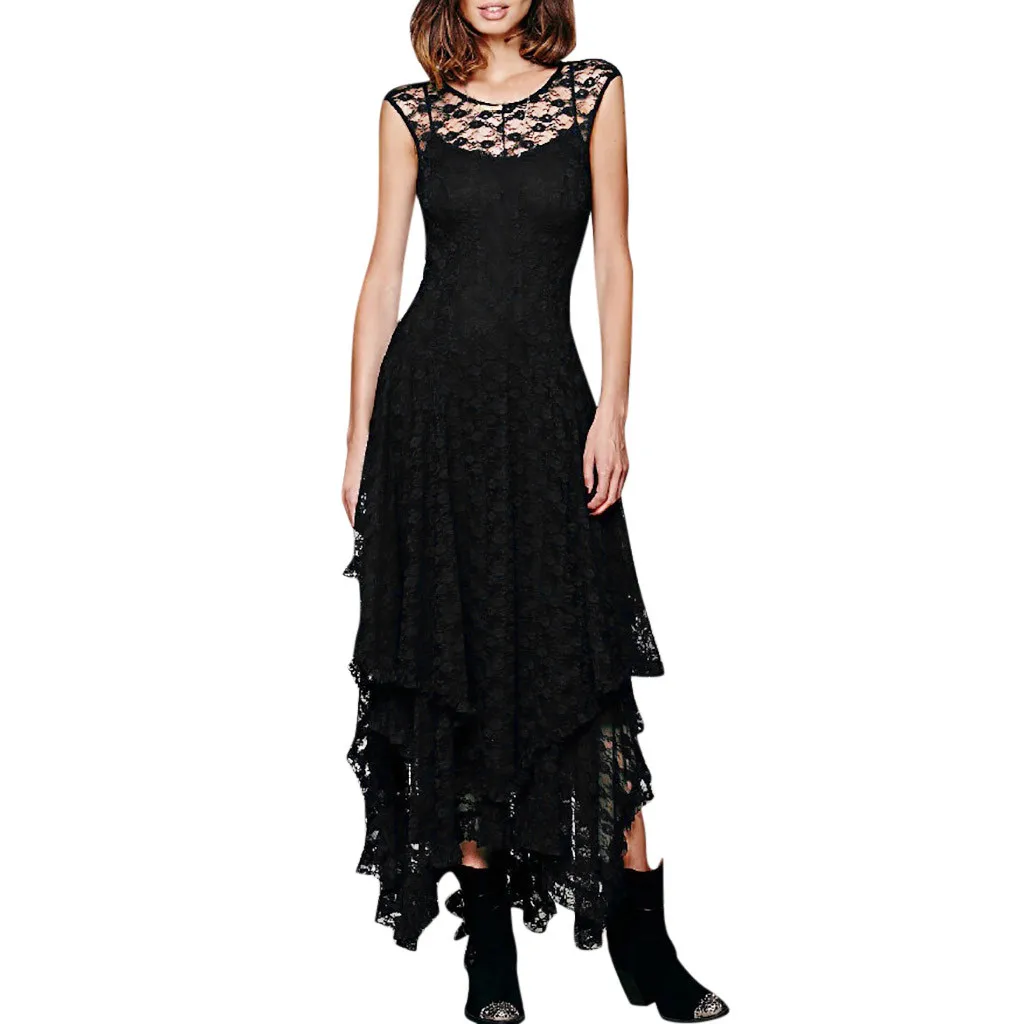 Пять однотонных цветов, богемное кружевное платье длиной до лодыжки, женское платье в стиле бохо, необычное кружевное двухслойное платье с оборками,# G1 - Цвет: Black