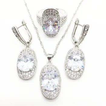 

Dark Clear Cubic Zirconia White Zircon Sterling Silver 925 Bridal Wedding Jewelry Sets Earrings/Pendant/Necklace/Ring For Women