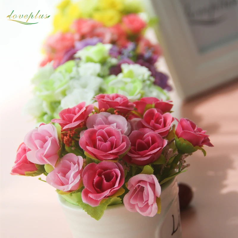 Zinmol дешевые искусственные розы Шелковый Искусственный цветок бонсай для украшения свадьбы Маленькие розы настольный декор с горшком 1 комплект
