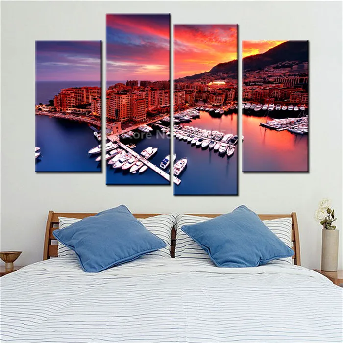 4-Panels-Drop-Shipping-Nordic-Decoration-Port-Buildings-Boats-Seascape-Modern-Canvas-Art-Painting-for-Living (1)
