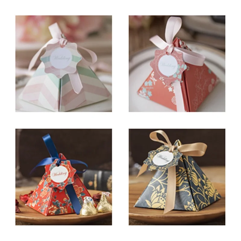 

50 X European Style Paper Boxes Triangular Pyramid Wedding Favors Candy Boxes Gifts Chocolate Box, pink, black, dark orange, red